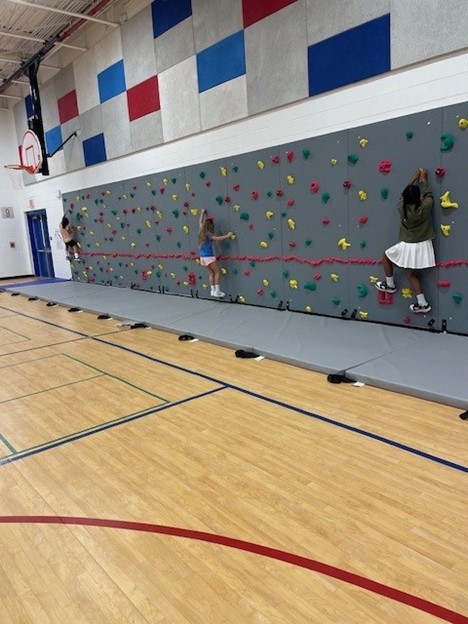 students on rock climbing wall